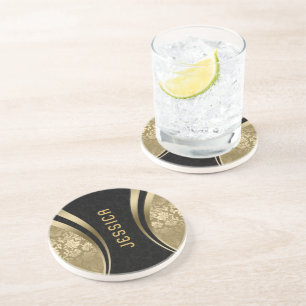 Black and gold damasks geometric shapes monogram coaster