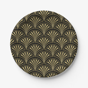 Black and Gold Deco Fan Pattern Paper Plate