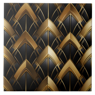 Black and Gold Deco, Zigzags and Lines Tile