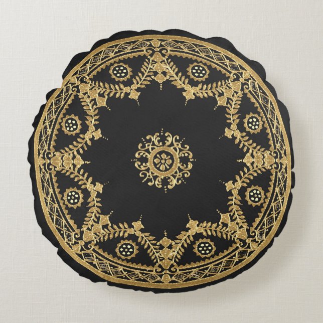 Black and Gold Decorative Design Round Cushion (Front)