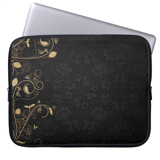 Black and Gold Decorative Pattern Laptop Sleeve (Front)