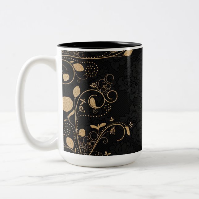 Black and Gold Decorative Pattern Two-Tone Coffee Mug (Left)
