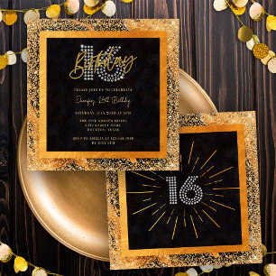 Black and Gold Diamond Glitter 16th Birthday Party Invitation