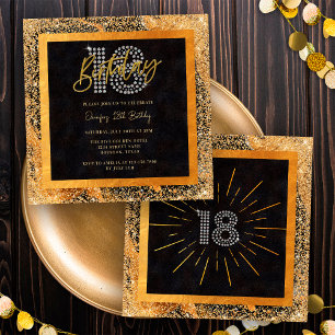 Black and Gold Diamond Glitter 18th Birthday Party Invitation