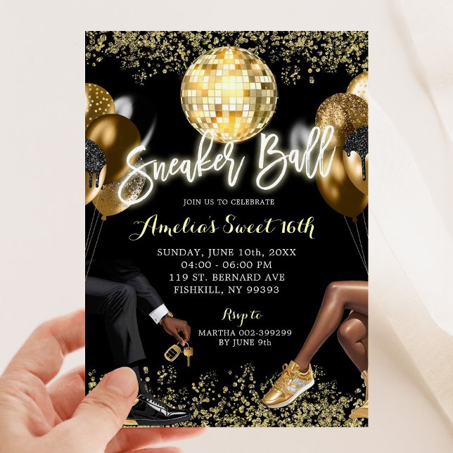 Black and Gold Disco Sneaker Ball Birthday Invitation (Creator Uploaded)