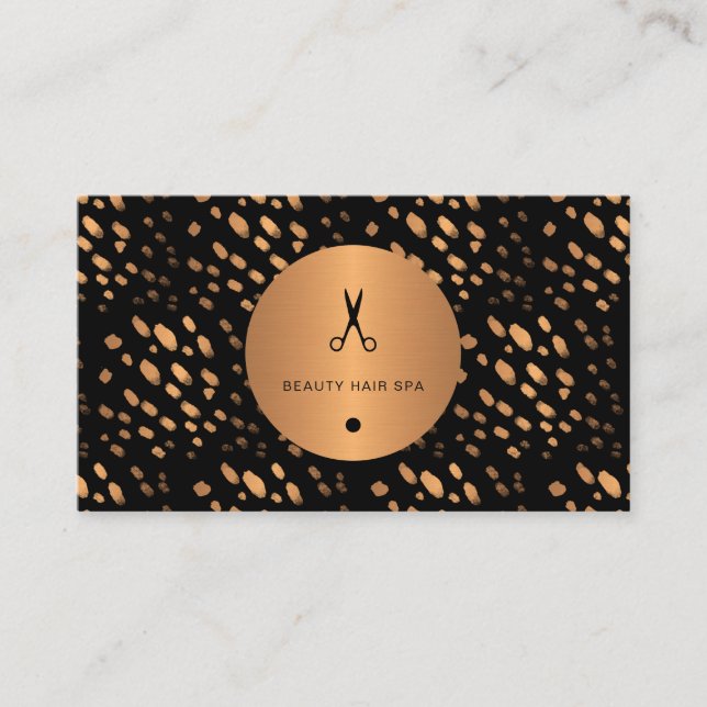 Black and gold dots copper glamourous hair salon business card (Front)