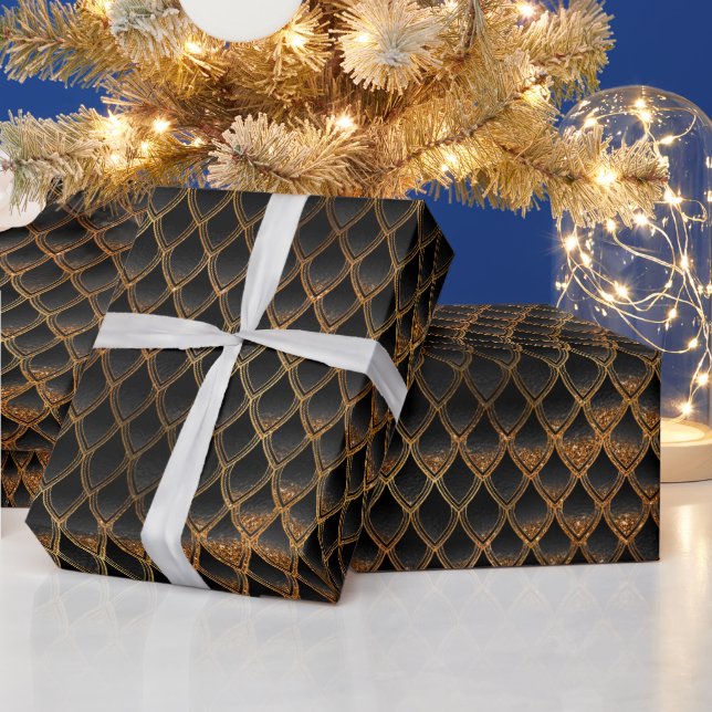 Black and Gold Dragon Scales Wrapping Paper (Holidays)