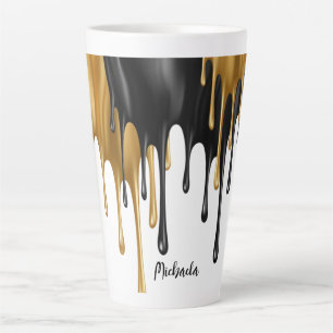 Black and Gold Dripping Paint Personalized Latte Mug