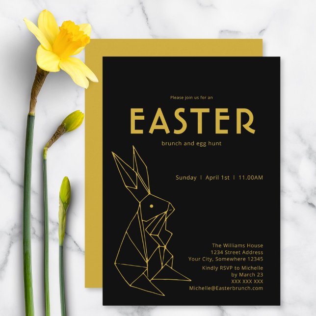 Black and Gold Easter Brunch Egg Hunt Invitation (Front and back)