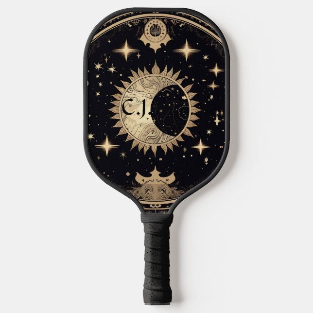 Black and Gold Eerie Gothic Sun Moon Monogram  Pickleball Paddle (Front)