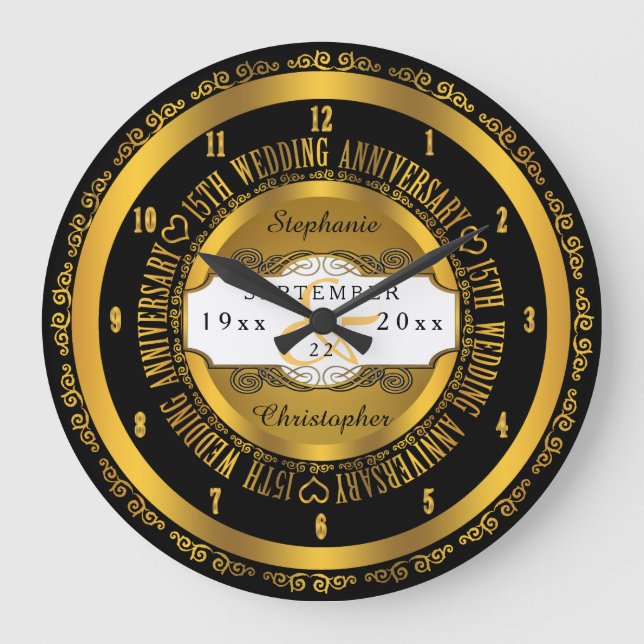 Black and Gold Elegant 15th Wedding Anniversary Large Clock (Front)