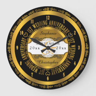 Black and Gold Elegant 1st Wedding Anniversary Large Clock
