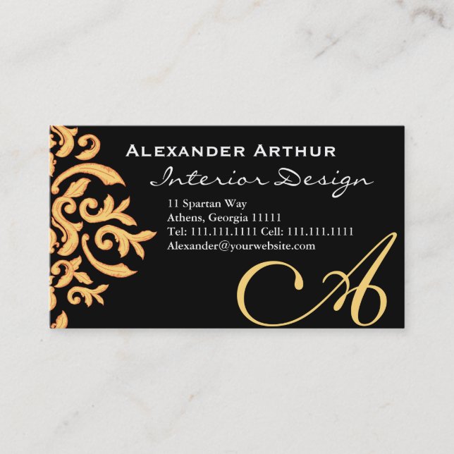 Black and Gold Elegant Baroque Damask for Him Business Card (Front)