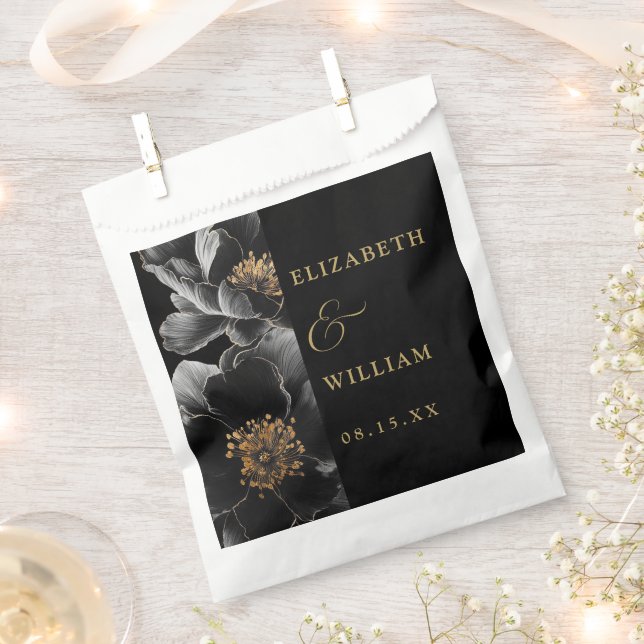 Black And Gold Elegant Botanical Floral Wedding Favour Bags (Clipped)
