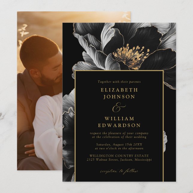 Black And Gold Elegant Chic Floral Photo Wedding Invitation (Front/Back)