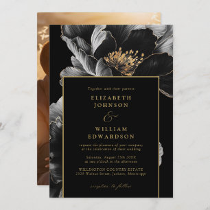 Black And Gold Elegant Chic Floral Photo Wedding Invitation