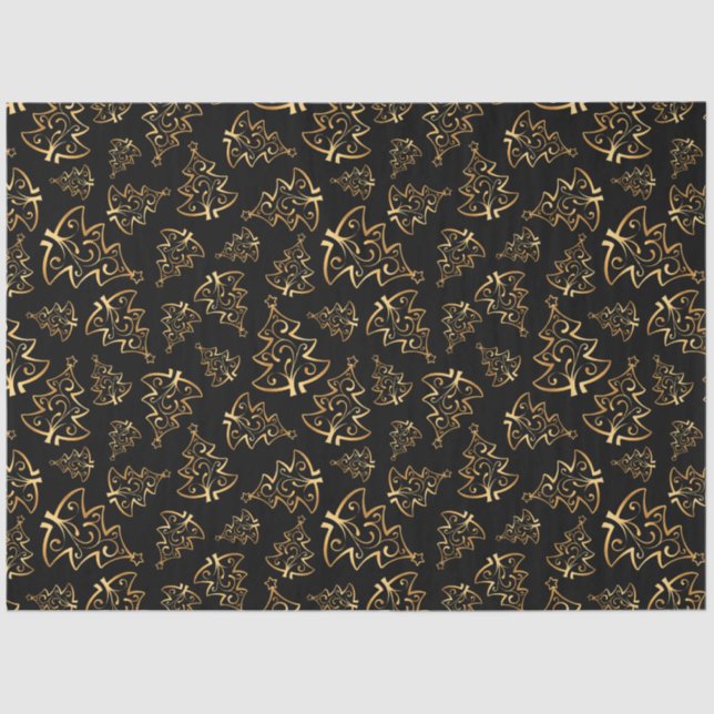 Black and Gold Elegant Christmas Trees Tissue Paper (Front)