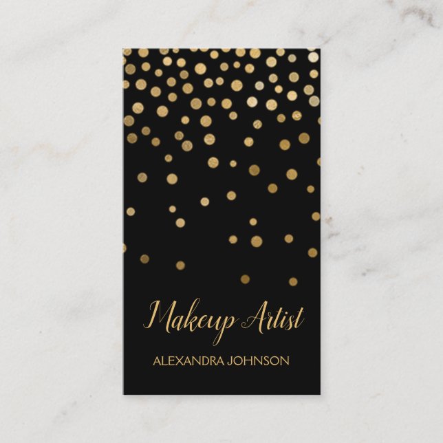 Black and Gold Elegant Confetti Makeup Artist Business Card (Front)