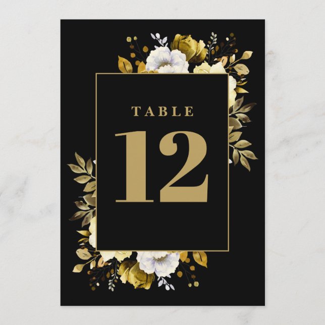 Black And Gold Elegant Country Floral Table Number (Front)