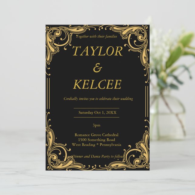 Black and Gold Elegant CUSTOMIZABLE Wedding Invitation (Standing Front)