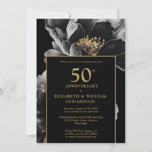Black And Gold Elegant Floral 50th Anniversary Invitation
