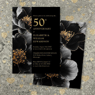 Black And Gold Elegant Floral 50th Anniversary Invitation