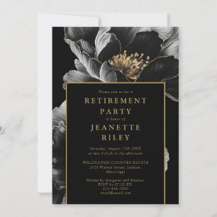 Black And Gold Elegant Floral Retirement Party Invitation