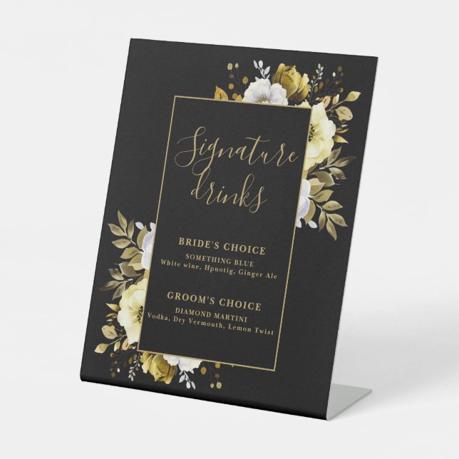 Black And Gold Elegant Floral Signature Drinks Pedestal Sign (Front)