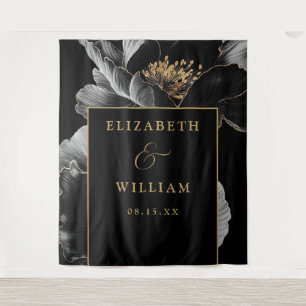 Black And Gold Elegant Floral Wedding Backdrop Tapestry