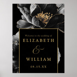 Black And Gold Elegant Floral Wedding Welcome Sign