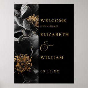 Black And Gold Elegant Floral Wedding Welcome Sign
