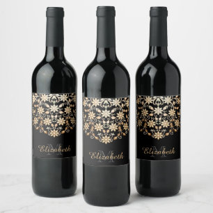 Black and Gold Elegant Floral Wine Label