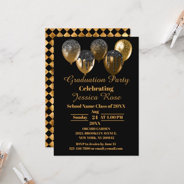BLACK AND GOLD ELEGANT GRADUATION INVITATION (Front/Back In Situ)