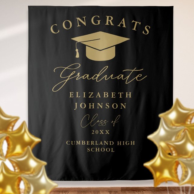 Black And Gold Elegant Graduation Photo Backdrop Tapestry (Black And Gold Elegant Graduation Photo Backdrop)