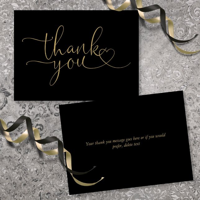 Black And Gold Elegant Heart Script Thank You Card (Black And Gold Elegant Heart Script Thank You Card)
