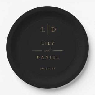 Black and Gold Elegant Minimalist Monogram Wedding Paper Plate