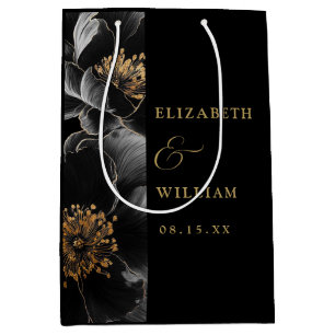 Black And Gold Elegant Modern Floral Chic Wedding Medium Gift Bag