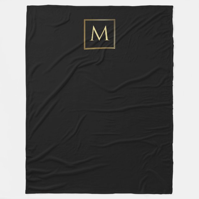 Black And Gold Elegant Modern Trendy Monogram Fleece Blanket (Front)