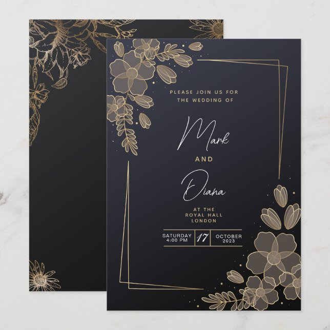 Black and Gold Elegant Modern Wedding Invitation (Front/Back)
