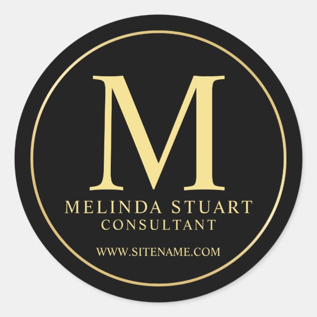 Black and Gold Elegant Monogram Business Classic Round Sticker (Front)