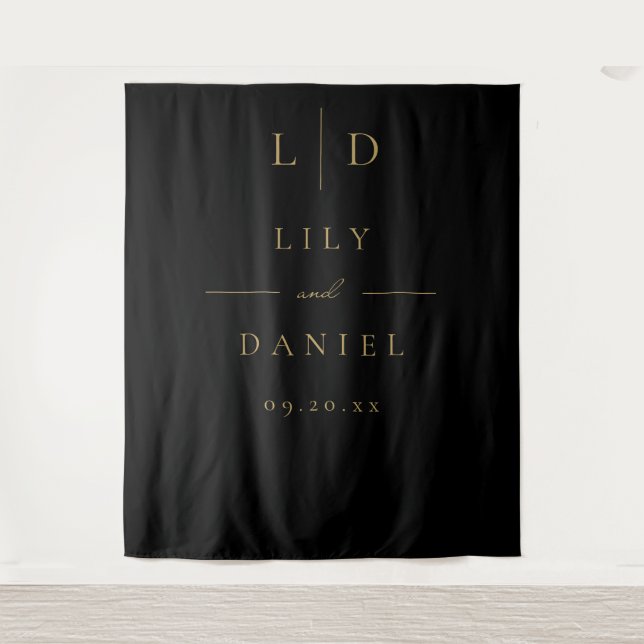 Black and Gold Elegant Monogram Wedding Backdrop Tapestry (Front)