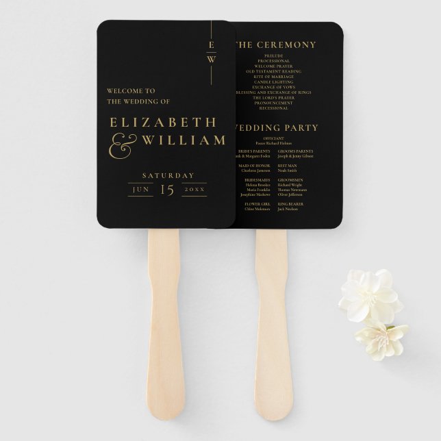 Black And Gold Elegant Monogram Wedding Program Hand Fan (Front and Back)