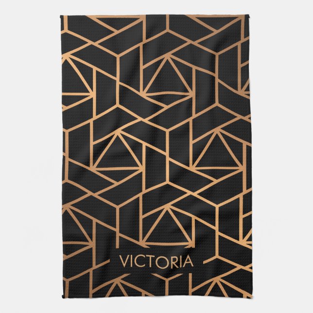 Black and Gold Elegant Pattern Tea Towel (Vertical)