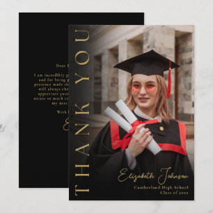 Black And Gold Elegant Photo Graduation Thank You Card