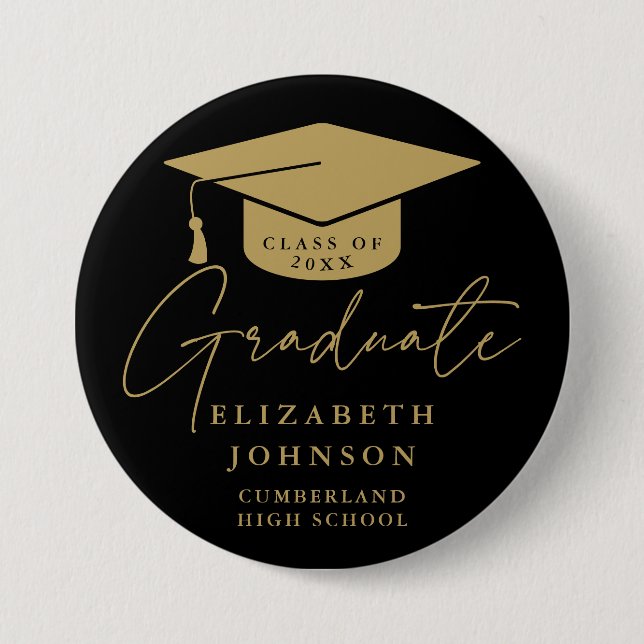 Black And Gold Elegant Script Graduation 7.5 Cm Round Badge (Front)