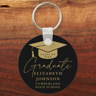 Black And Gold Elegant Script Graduation Key Ring