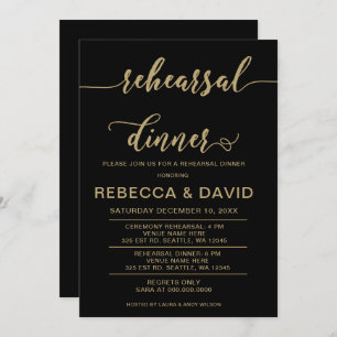black and gold Elegant Script Rehearsal Dinner Invitation