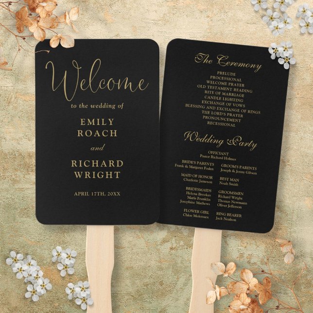 Black And Gold Elegant Script Wedding Program Hand Fan (Creator Uploaded)
