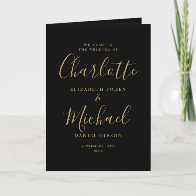 Black And Gold Elegant Signature Script Wedding Programme (Front)