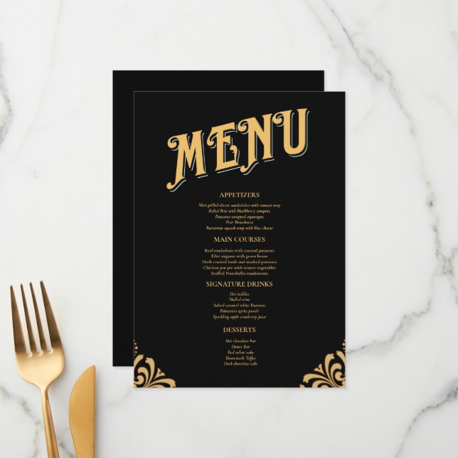 Black and Gold Elegant Simple Wedding Menu (Front/Back In Situ)